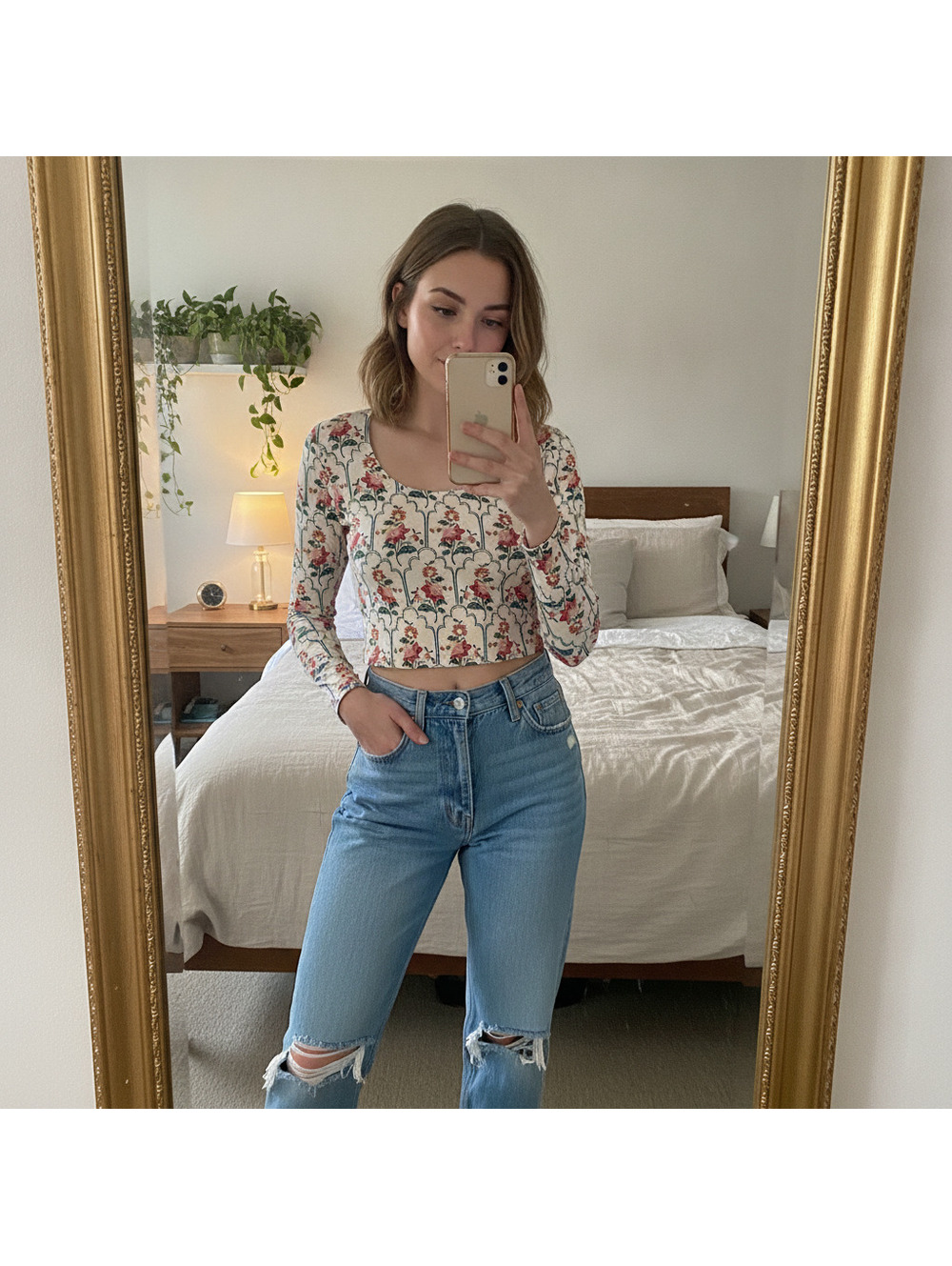 ANTONIO MELANI Floral Long-Sleeve Cropped Top in Cream with Pink & Green Print